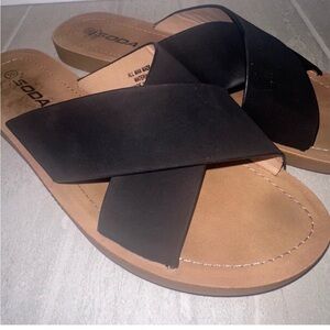 Soda Women's Black and Tan Cross Strap Sandals